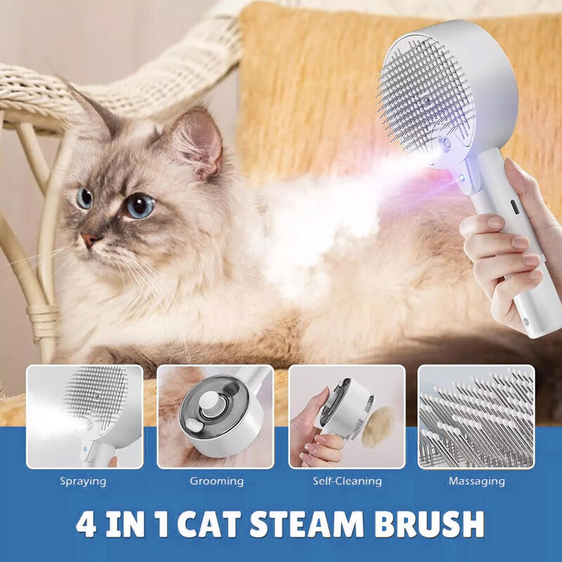 Cepillo Eléctrico 4 en 1 para Gatos - Vapor, Masaje, Spray y Eliminación de Pelo
