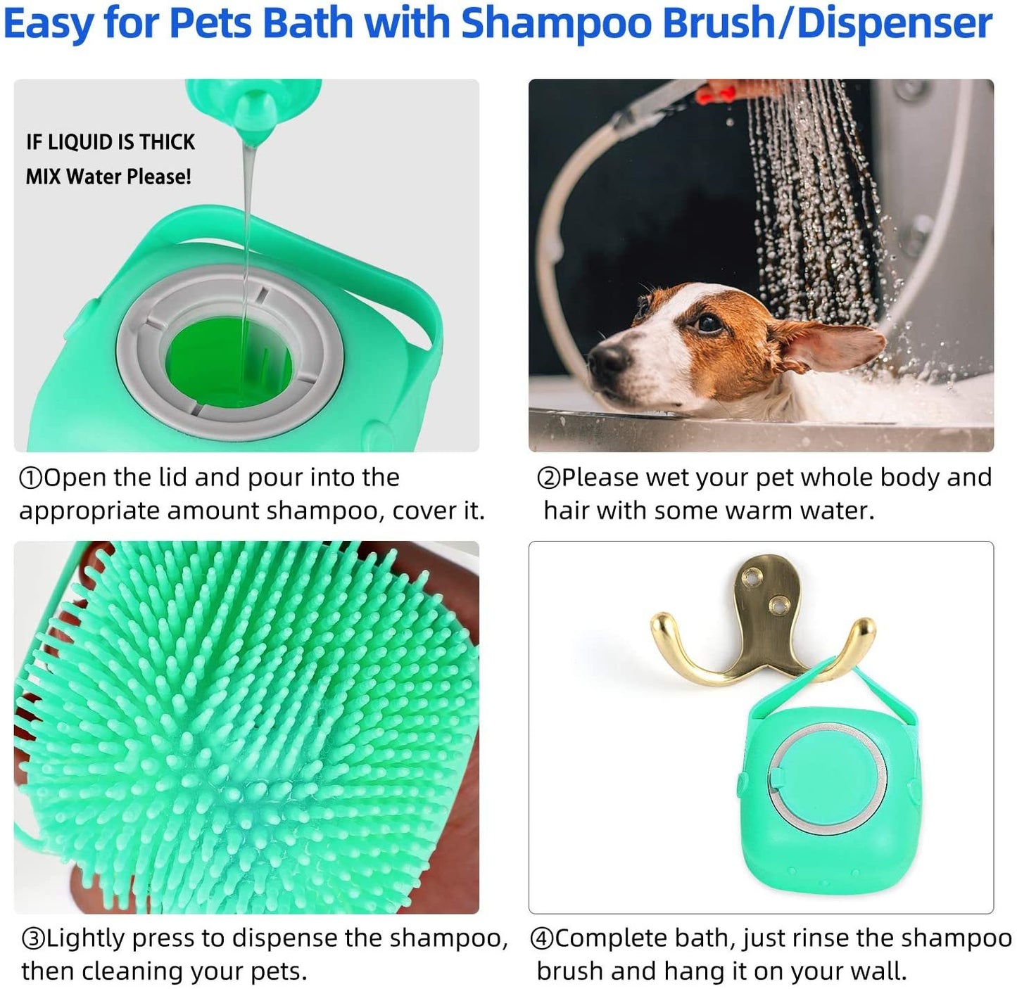 Cepillo Masajeador de Silicona para Baño de Perros y Gatos - Dispensador de Champú