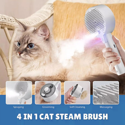 Cepillo Eléctrico 4 en 1 para Gatos - Vapor, Masaje, Spray y Eliminación de Pelo